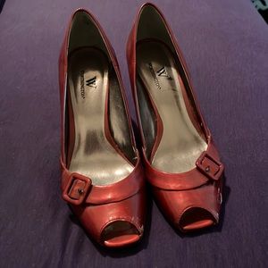 Red peep toe kitten heels